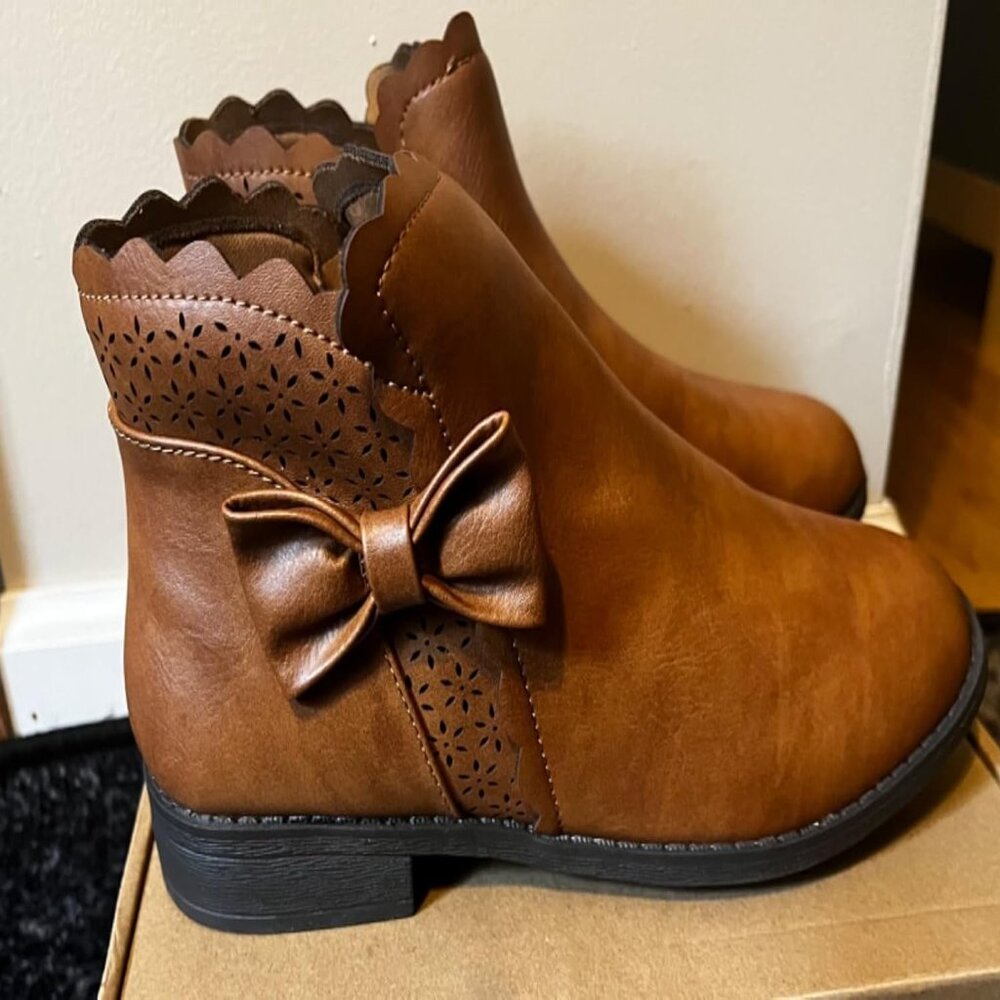 🆕Girls Brown a Polyurethane Ankle Bow Side Zipper Outdoor Warm Low Heel Boot